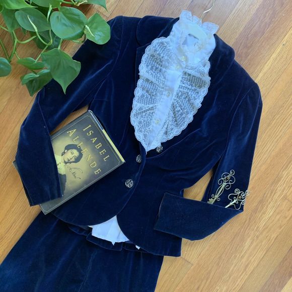 Vintage Jackets & Blazers - Vintage 1940s Blue Velvet Skirt Suit Set Size XS